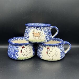 VTG 1996 Molly Dallas Blue Speckleware Bowl Soup Mugs Chicken & Horse - Set of 3
